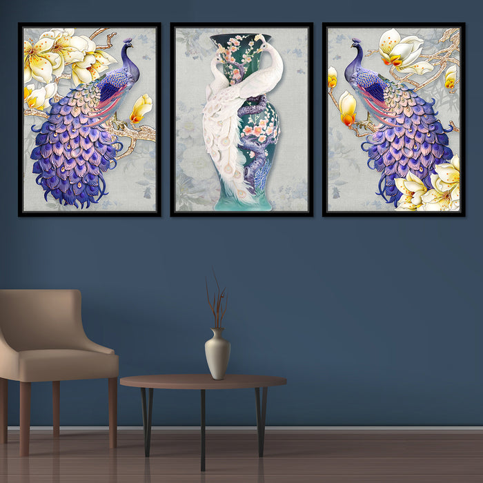 Peacock Theme Set of 3 Framed Canvas Art Print Painting Canvas Painting, Framed Canvas Art Print For living room.