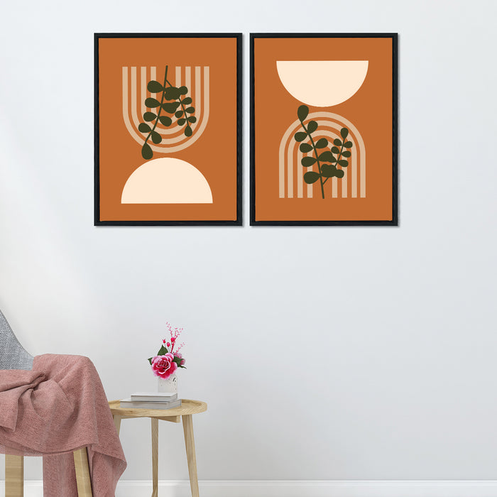 Brown Color Abstract Theme Set of 2 Framed Canvas Art Print Painting .