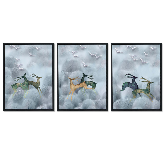 Running Deer Theme Set of 3 Framed Canvas Art Print PaintingLarge wall painting.