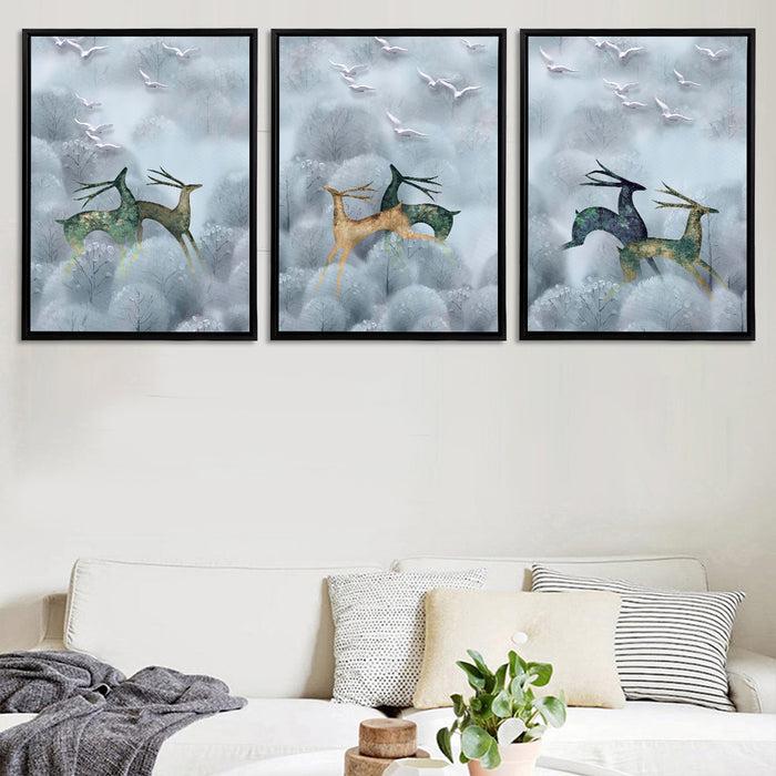 Running Deer Theme Set of 3 Framed Canvas Art Print PaintingLarge wall painting.