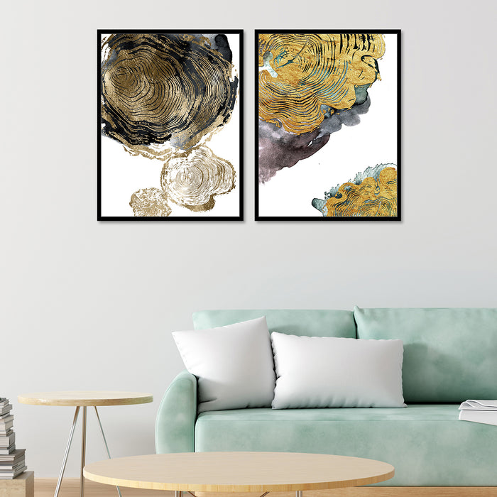 Black & Golden Abstract Theme Set of 2 Framed Canvas Art Print Painting.