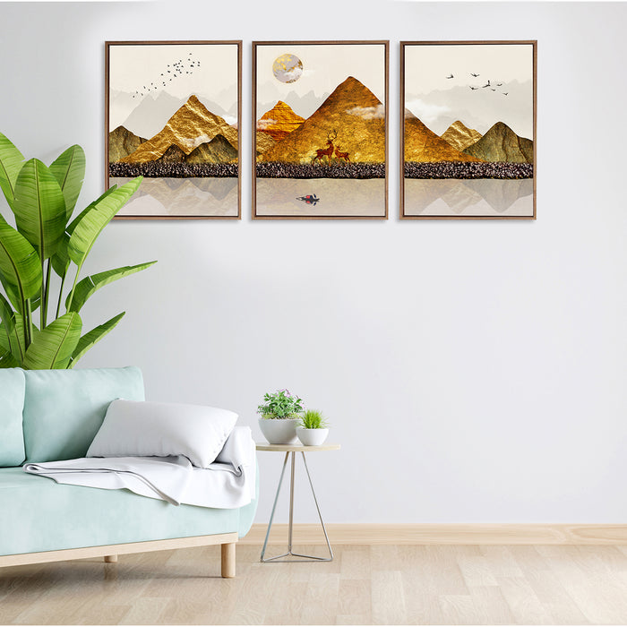 Nature Theme Set of 3 Framed Golden Canvas Art Print Painting. Canvas Painting, Framed Canvas Art Print For living room