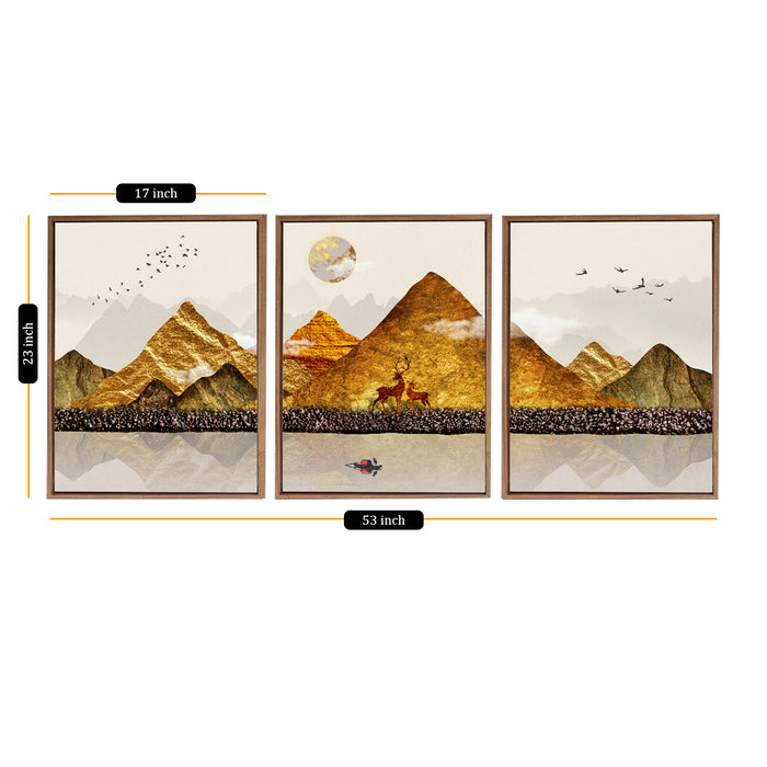 Nature Theme Set of 3 Framed Golden Canvas Art Print Painting. Canvas Painting, Framed Canvas Art Print For living room