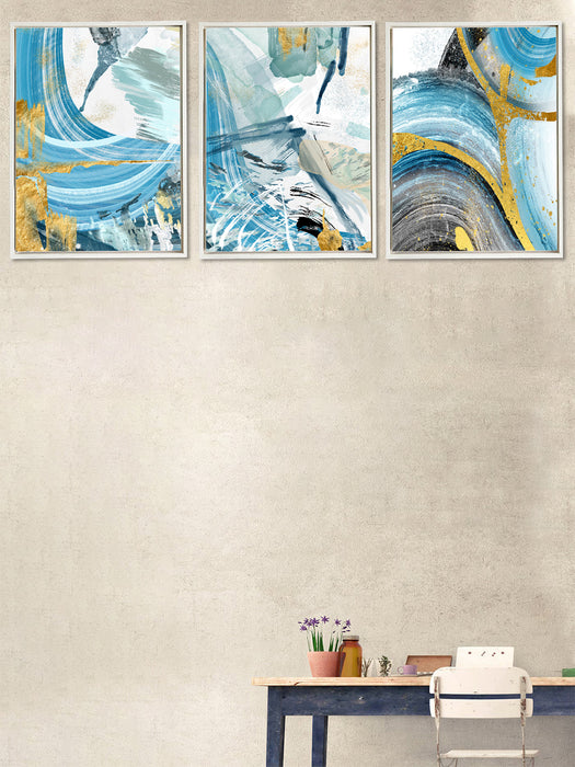Light Blue Abstract Theme Set of 3 Framed Canvas Art Print Painting .
