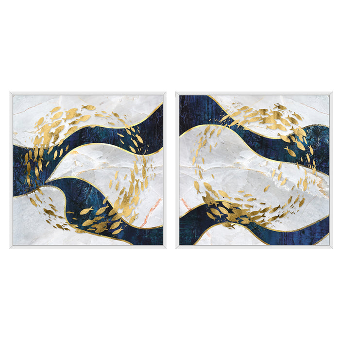Set of 2 Blue & White Aquatic Theme Canvas Art Print Painting For Living Room Size-13x13 Inches