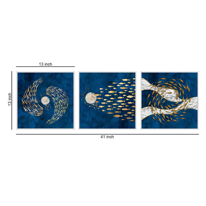 Set of 3 Abstract Blue Color Theme Canvas Art Print Painting For Living Room Size-13x13 Inches