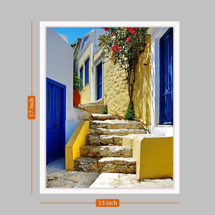 Blue & Yellow House Theme Canvas Painting with Wooden Frame , Color - Blue & Yellow)