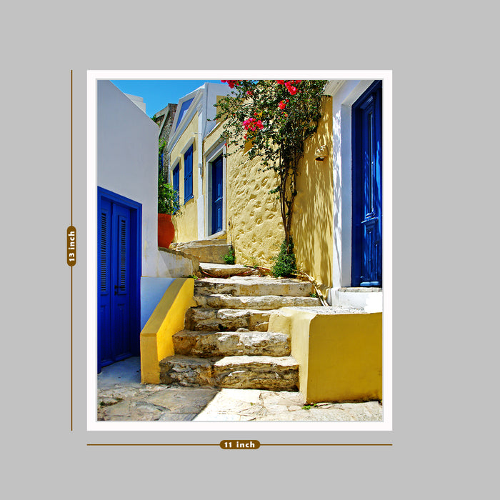 Blue & Yellow House Theme Canvas Painting with Wooden Frame , Color - Blue & Yellow)