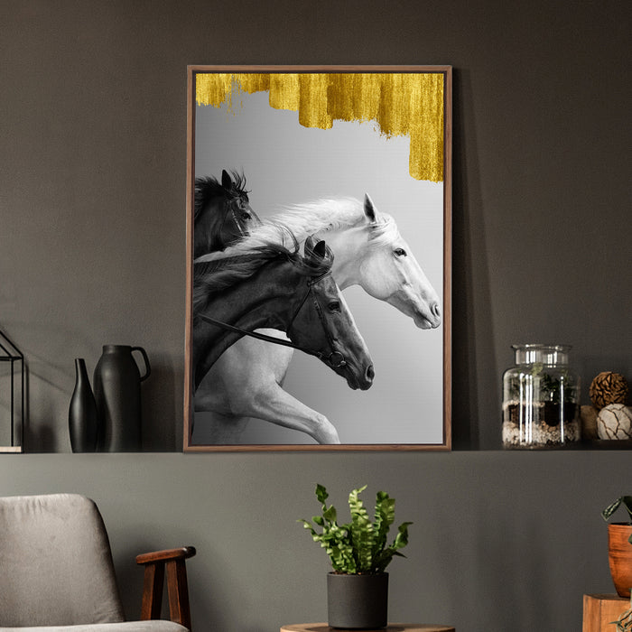 Horse Canvas Painting with Wooden Frame, Color Black