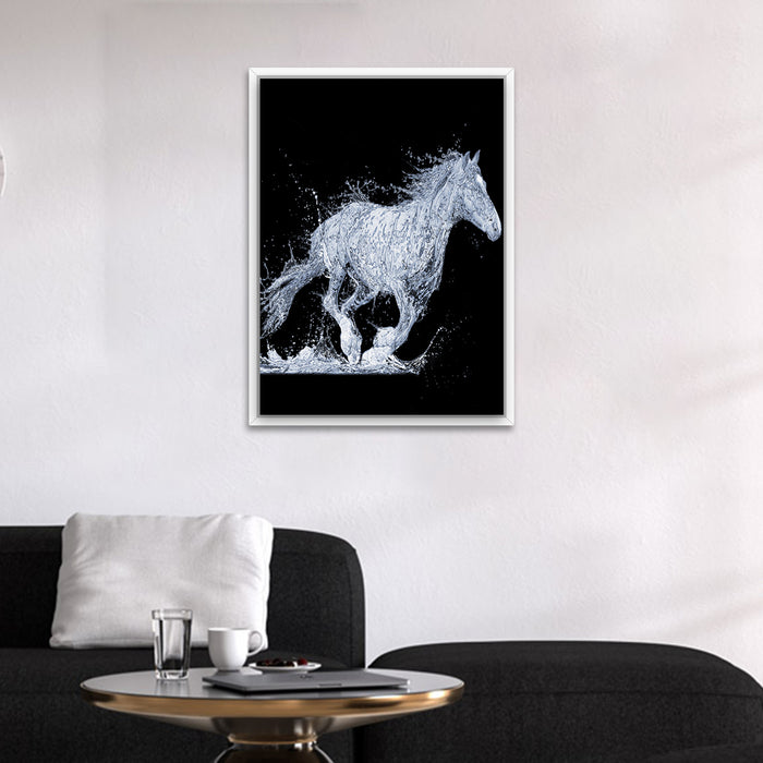 Black & White Horse Canvas Painting with Wooden Frame.