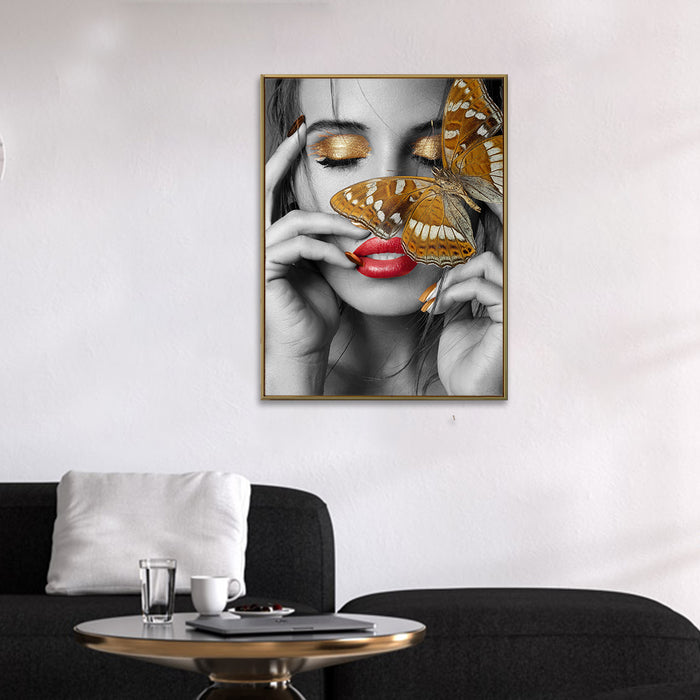 Golden, Black & White Portrait Theme Canvas Painting with Wooden Frame , Color - Gold, Black & White)