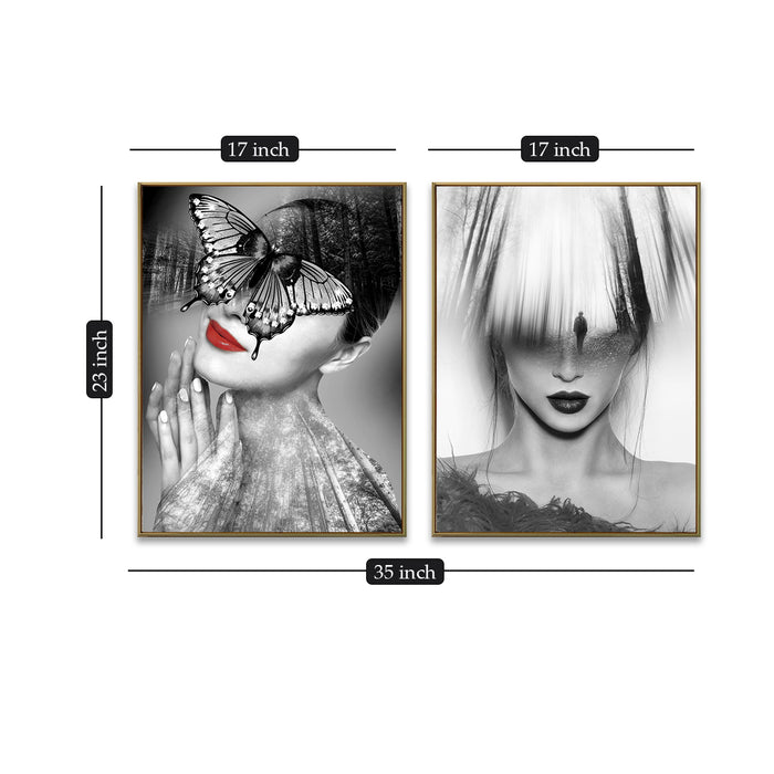 Set of 2 Black & White Portrait Theme Canvas Painting with Wooden Frame, Color - Black & White)