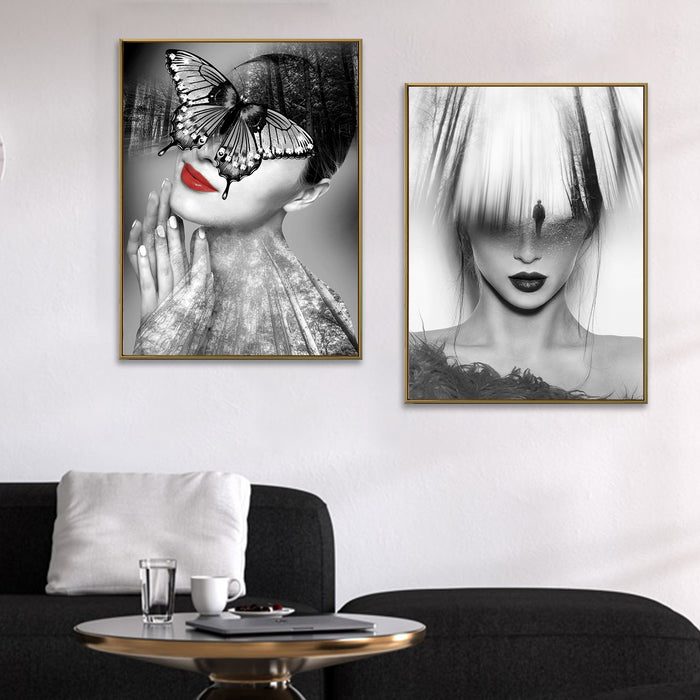Set of 2 Black & White Portrait Theme Canvas Painting with Wooden Frame, Color - Black & White)
