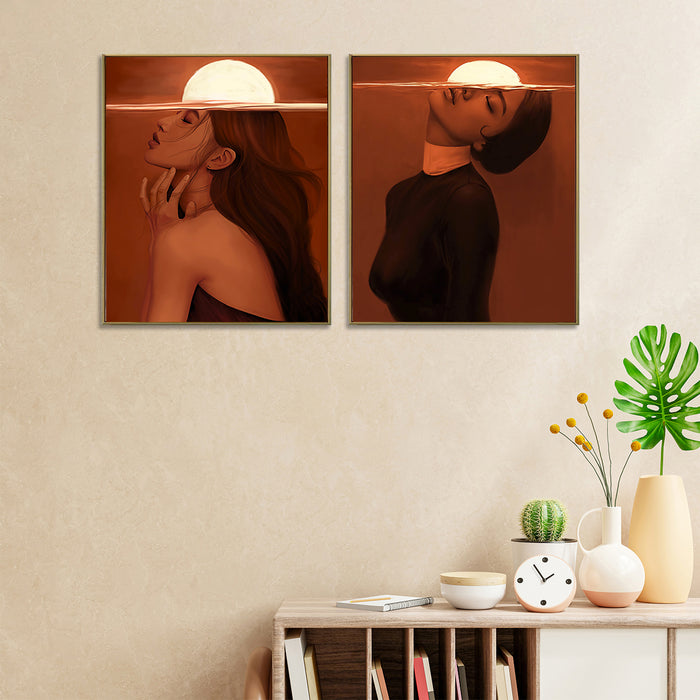 Set of 2 Lady Portrait Canvas Painting with Wooden Frame  Framed wall art print  Luxury canvas painting with floater frame.