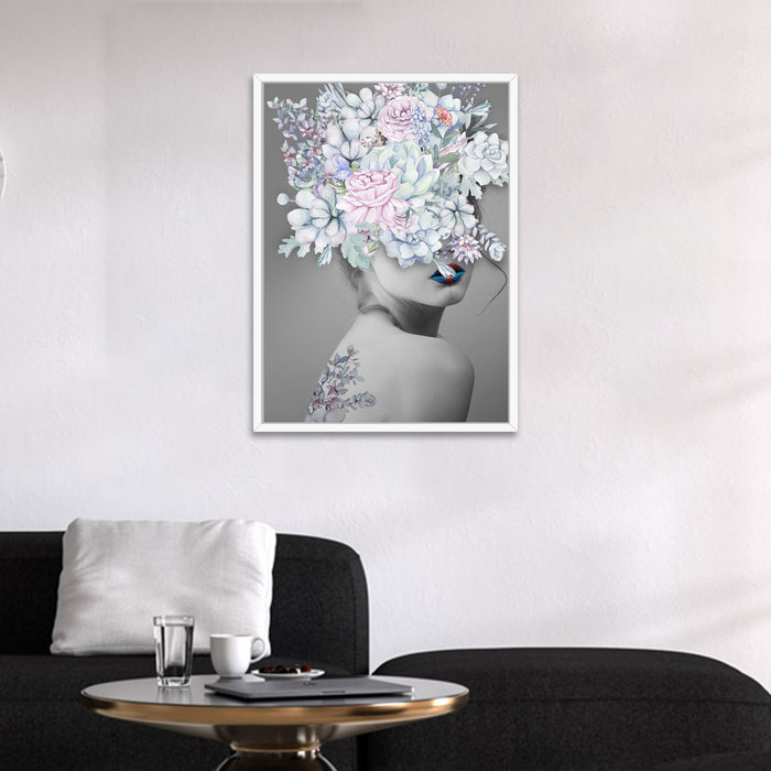 Black & White Floral Theme Canvas Painting with Wooden Frame .