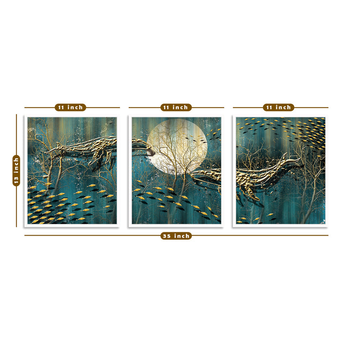 Aqua Life Sunset Abstract Art Set of 3 Canvas Art Print Framed ( Size 17 x 23 )