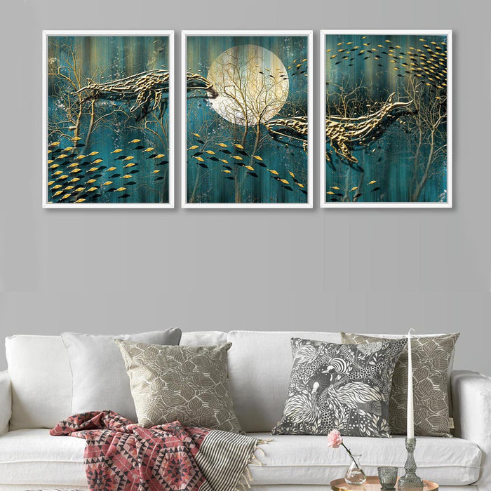 Aqua Life Sunset Abstract Art Set of 3 Canvas Art Print Framed ( Size 17 x 23 )