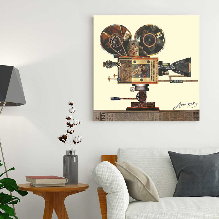 Canvas Painting Wall Art Print Picture Antique Film Projector Dimensional Collage Decorative Luxury Paintings for Home, Living Room and Office Décor (Multi, 24 x 24 Inches)