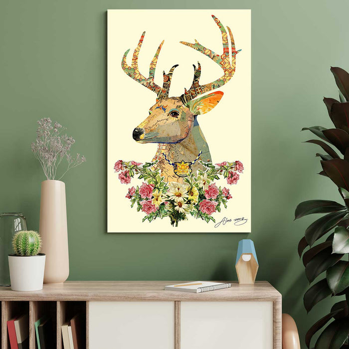 Canvas Painting Wall Art Print Picture Deer With Flower Strech Decorative Paintings for Home, Living Room and Office Décor (Multi, 20 x 31 Inches)
