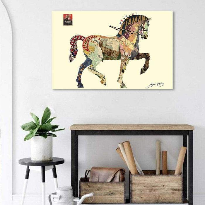 Canvas Painting Wall Art Print Picture Carousel Horse Dimensional Collage Decorative Luxury Paintings for Home, Living Room and Office Décor (Multi, 16 x 22 Inches)