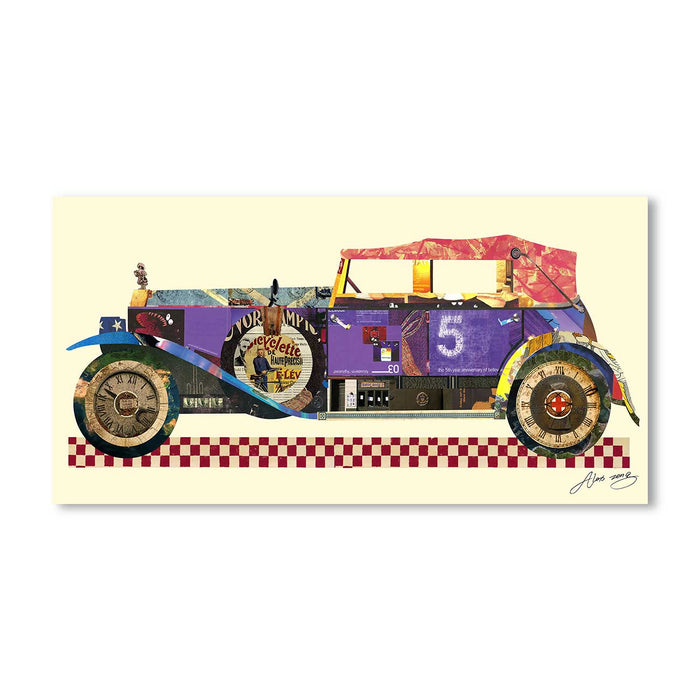 Canvas Painting Wall Art Print Picture Rolls Royce Antique Automobile #2" Dimensional Collage Decorative Paintings for Home, Living Room and Office Décor (Blue, 16 x 31 Inches)