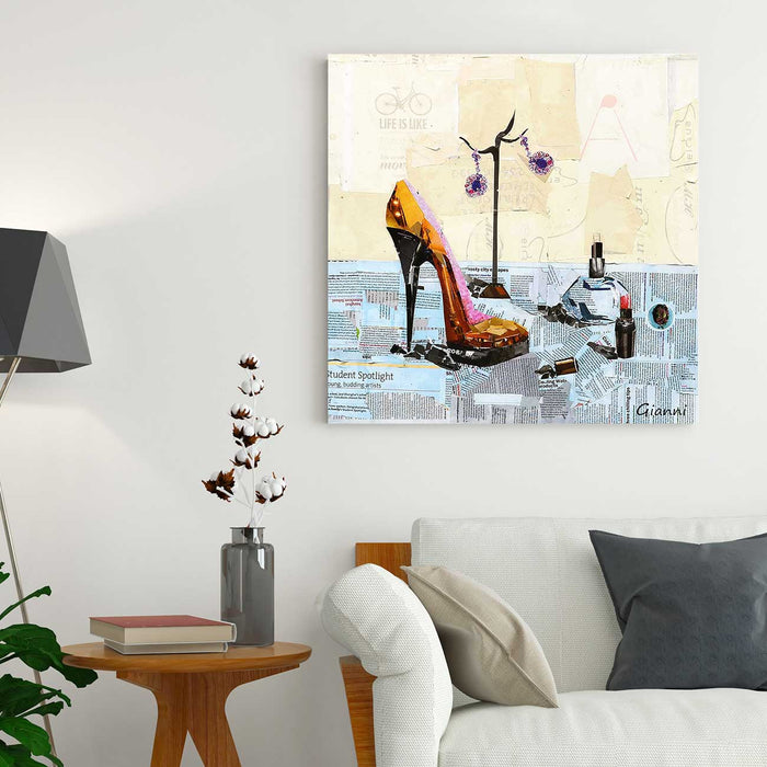 Canvas Painting Wall Art Print Picture Women's High Heel Dimensional Collage Decorative Luxury Paintings for Home, Living Room and Office Décor (Multi, 24 x 24 Inches)