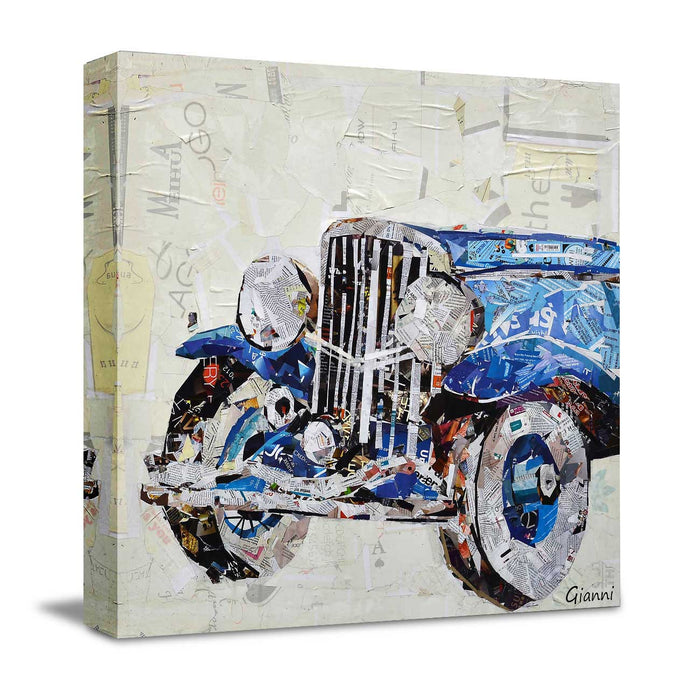 Canvas Painting Wall Art Print Picture Antique Automobile Paper Collage Decorative Luxury Paintings for Home, Living Room and Office Décor (Blue, 24 x 24 Inches)