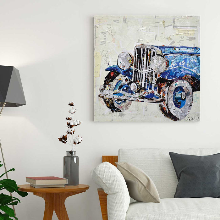 Canvas Painting Wall Art Print Picture Antique Automobile Paper Collage Decorative Luxury Paintings for Home, Living Room and Office Décor (Blue, 24 x 24 Inches)