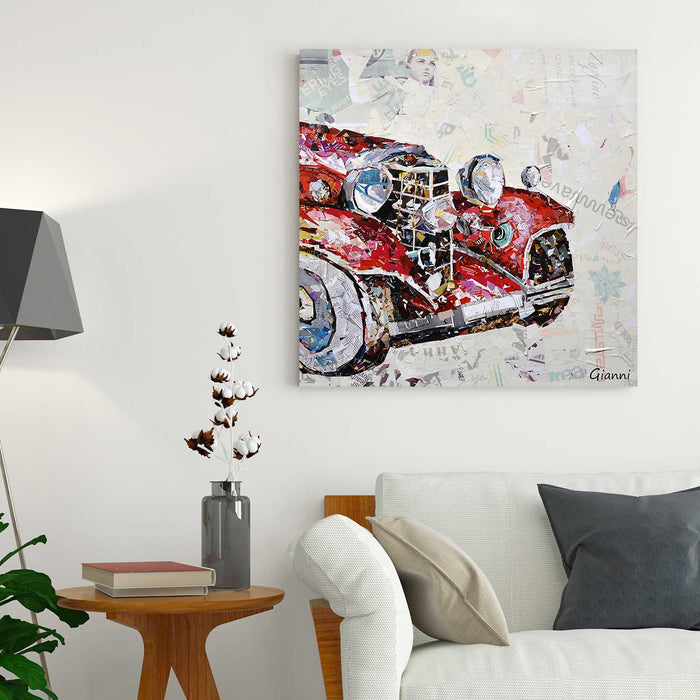 Canvas Painting Wall Art Print Picture Retro Vintage Car 3D Full Metal Paper Collage Decorative Luxury Paintings for Home, Living Room and Office Décor (Red, 24 x 24 Inches)
