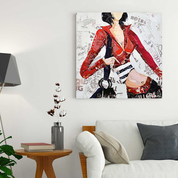 Canvas Painting Wall Art Print Picture Red Dress Figurative Art Paper Collage Decorative Luxury Paintings for Home, Living Room and Office Décor (Red, 24 x 24 Inches)