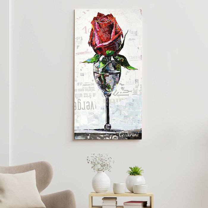 Canvas Painting Wall Art Print Picture Glass With Red Rose Art Paper Collage Decorative Luxury Paintings for Home, Living Room and Office Décor (Red, 16 x 31 Inches)