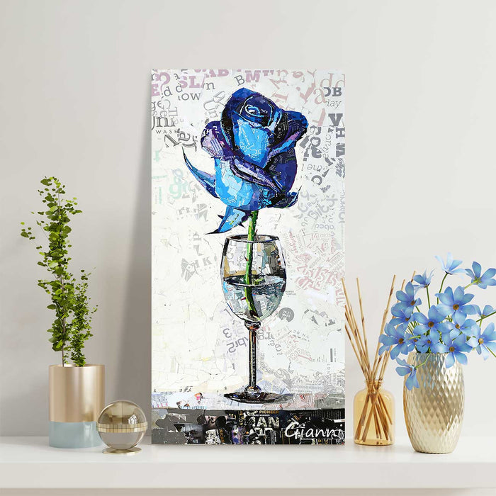 Canvas Painting Glass With Blue Rose Art Paper Collage Decorative Luxury Paintings for Home and Office Décor (Blue, 16 x 31 Inches)