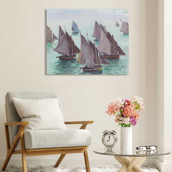 Canvas Painting Fishing Boats, Calm Sea Paper Collage Decorative Luxury Paintings for Home and Office Décor (Brown, 16 x 22 Inches)