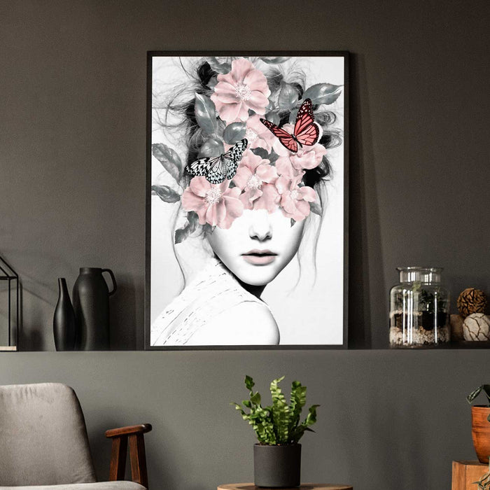 Blossom Pink Girl With Flower Bouquet Framed Canvas Print For Home Decoration