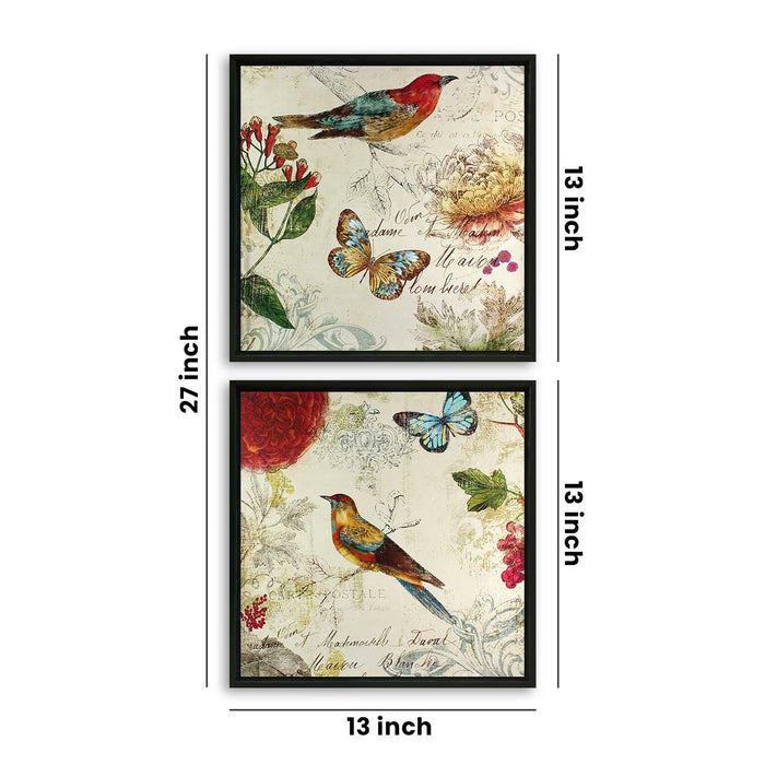 Set of 2 Bird and Butterfly Canvas Painting for Home Decor Framed Paintings for Wall and Living Room Decoration (Size - 13 x 13 Inchs)