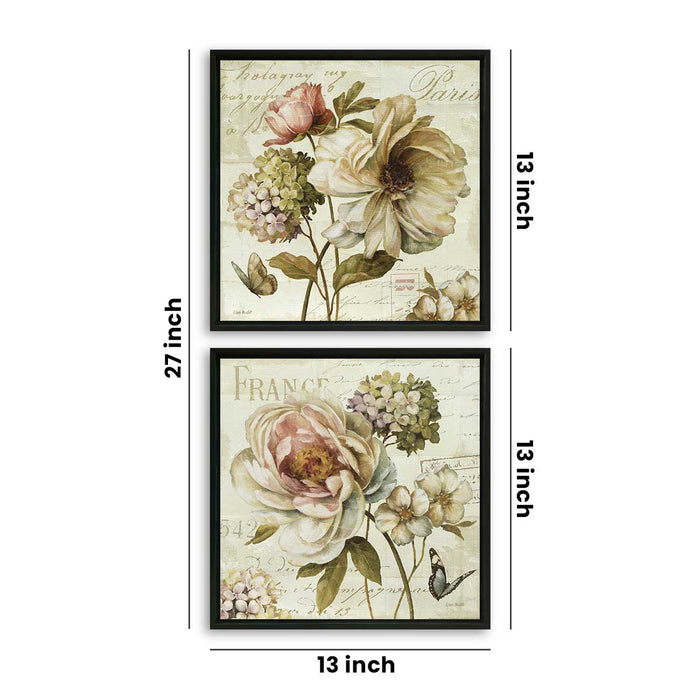 Set of 2 Off White Flowers Canvas Painting for Home Decor Framed Paintings for Wall and Living Room Decoration (Size - 13 x 13 Inchs)