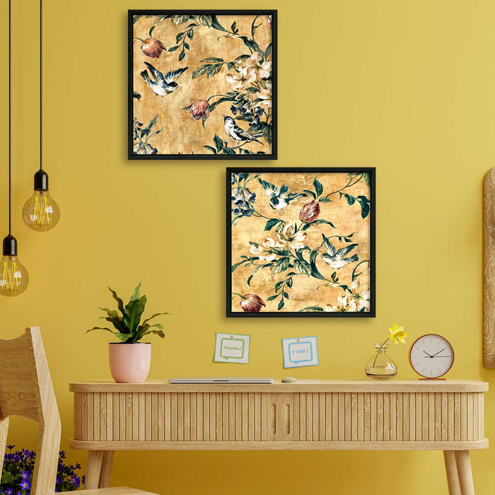 Set of 2 Bird Floral Theme with Beige Color Background Framed Canvas Painting for Home Décor and Living Room Decoration (Size - 13 x 13 Inchs)