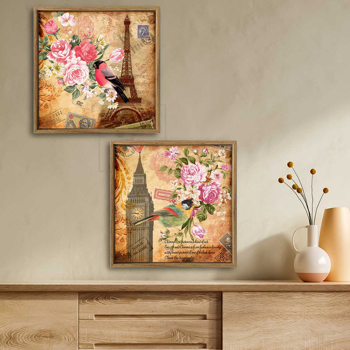 Set of 2 Floral & Bird Paris Theme Canvas Painting for Home Decor Framed Paintings for Wall and Living Room Decoration (Size - 13 x 13 Inchs)