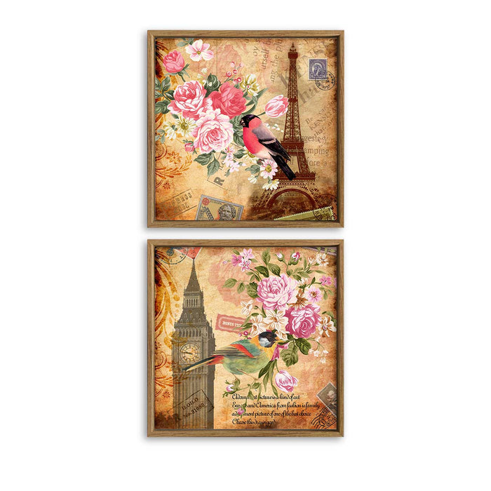 Set of 2 Floral & Bird Paris Theme Canvas Painting for Home Decor Framed Paintings for Wall and Living Room Decoration (Size - 13 x 13 Inchs)