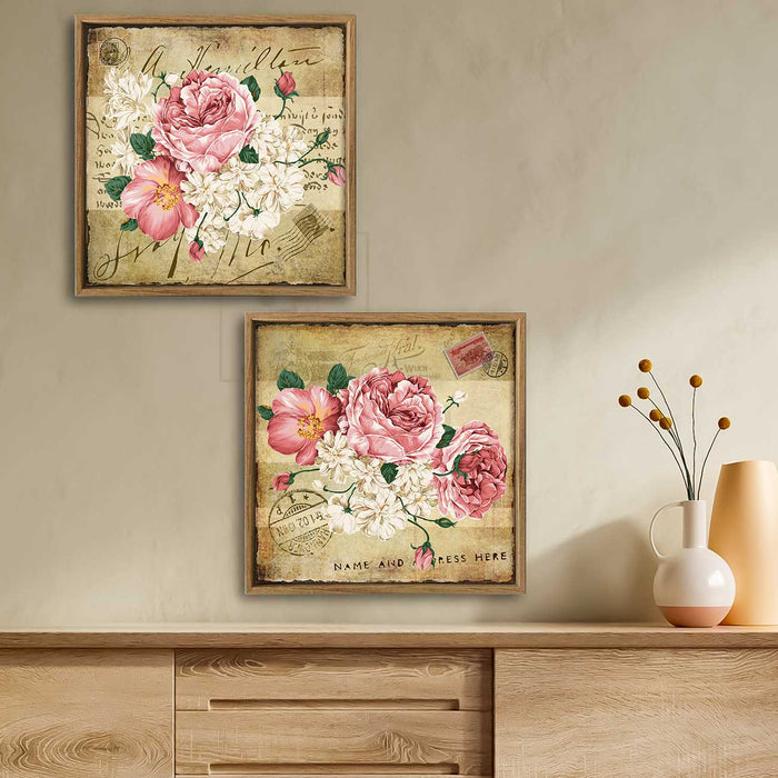 Set of 2 Pink & White Floral Canvas Painting for Home Decor Framed Paintings for Wall and Living Room Decoration (Size - 13 x 13 Inchs)