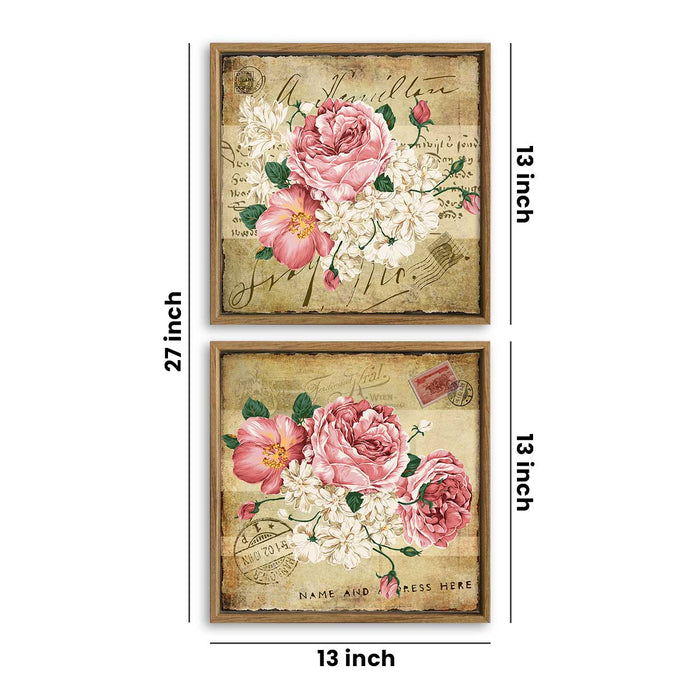 Set of 2 Pink & White Floral Canvas Painting for Home Decor Framed Paintings for Wall and Living Room Decoration (Size - 13 x 13 Inchs)