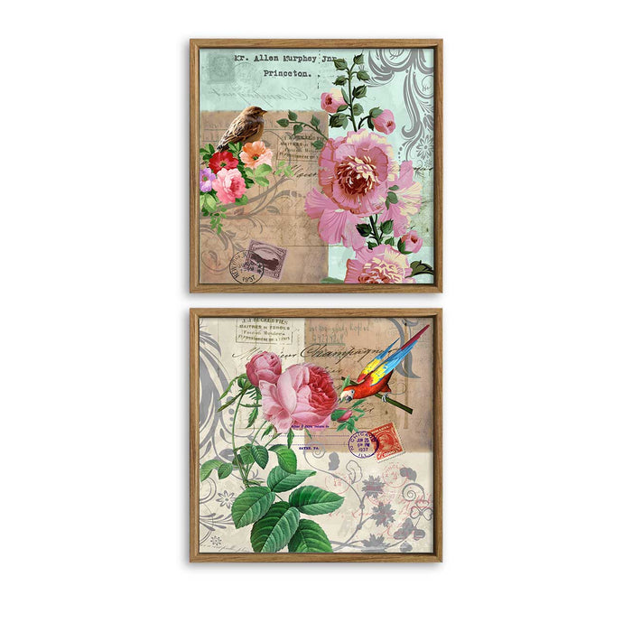 Set of 2 Multicolor Floral Birds Framed Canvas Painting for Home Décor and Living Room Decoration (Size - 13 x 13 Inchs)