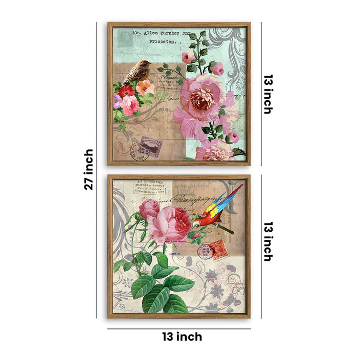 Set of 2 Multicolor Floral Birds Framed Canvas Painting for Home Décor and Living Room Decoration (Size - 13 x 13 Inchs)