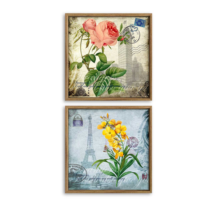 Set of 2 Floral & Paris Theme Canvas Painting for Home Décor Framed Paintings for Wall and Living Room Decoration (Size -13 x 13 Inchs)