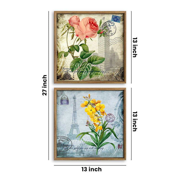 Set of 2 Floral & Paris Theme Canvas Painting for Home Décor Framed Paintings for Wall and Living Room Decoration (Size -13 x 13 Inchs)