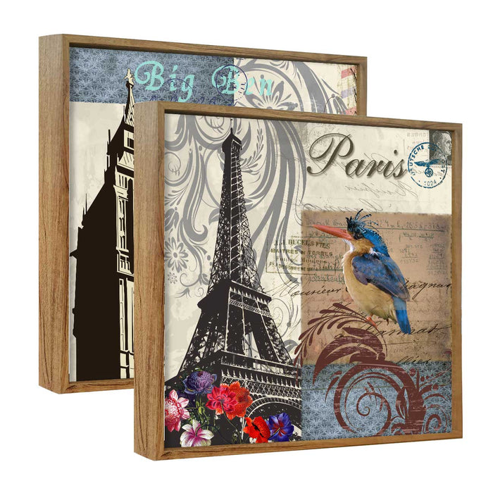 Set of 2 Bird & Paris Theme Canvas Painting for Home Decor Framed Paintings for Wall and Living Room Decoration (Size - 13 x 13 Inchs)