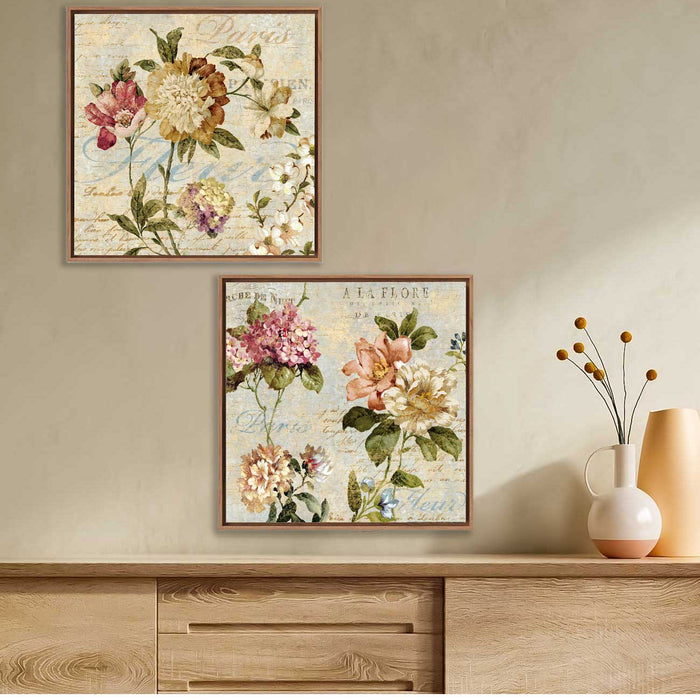 Set of 2 Multicolor Floral Theme Framed Canvas Painting for Home Décor and Living Room Decoration (Size - 13 x 13 Inchs)