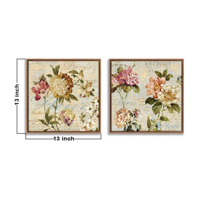 Set of 2 Multicolor Floral Theme Framed Canvas Painting for Home Décor and Living Room Decoration (Size - 13 x 13 Inchs)