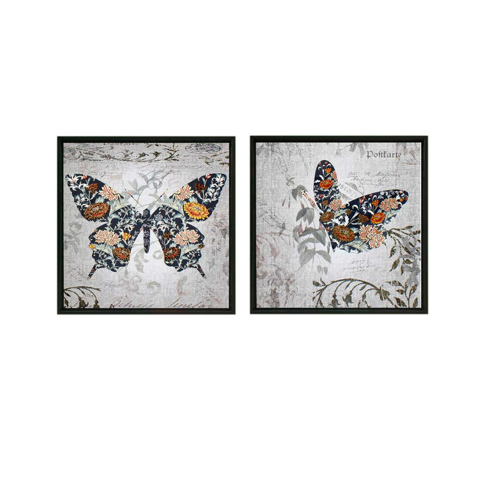 Set of 2 Grey & Black Butterfly Framed Canvas Painting for Home Décor and Living Room Decoration (Size - 13 x 13 Inchs)