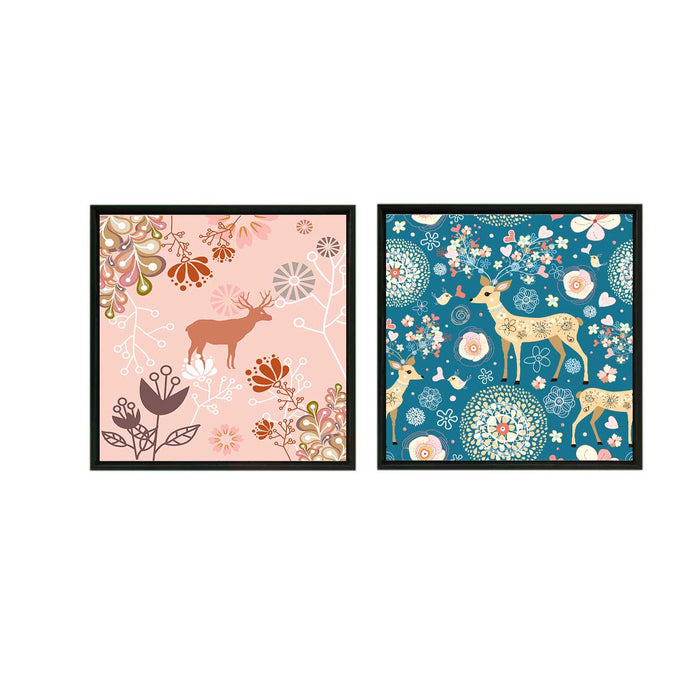 Set of 2 Blue & Peach Forest Theme Framed Canvas Painting for Home Décor and Living Room Decoration (Size - 13 x 13 Inchs)